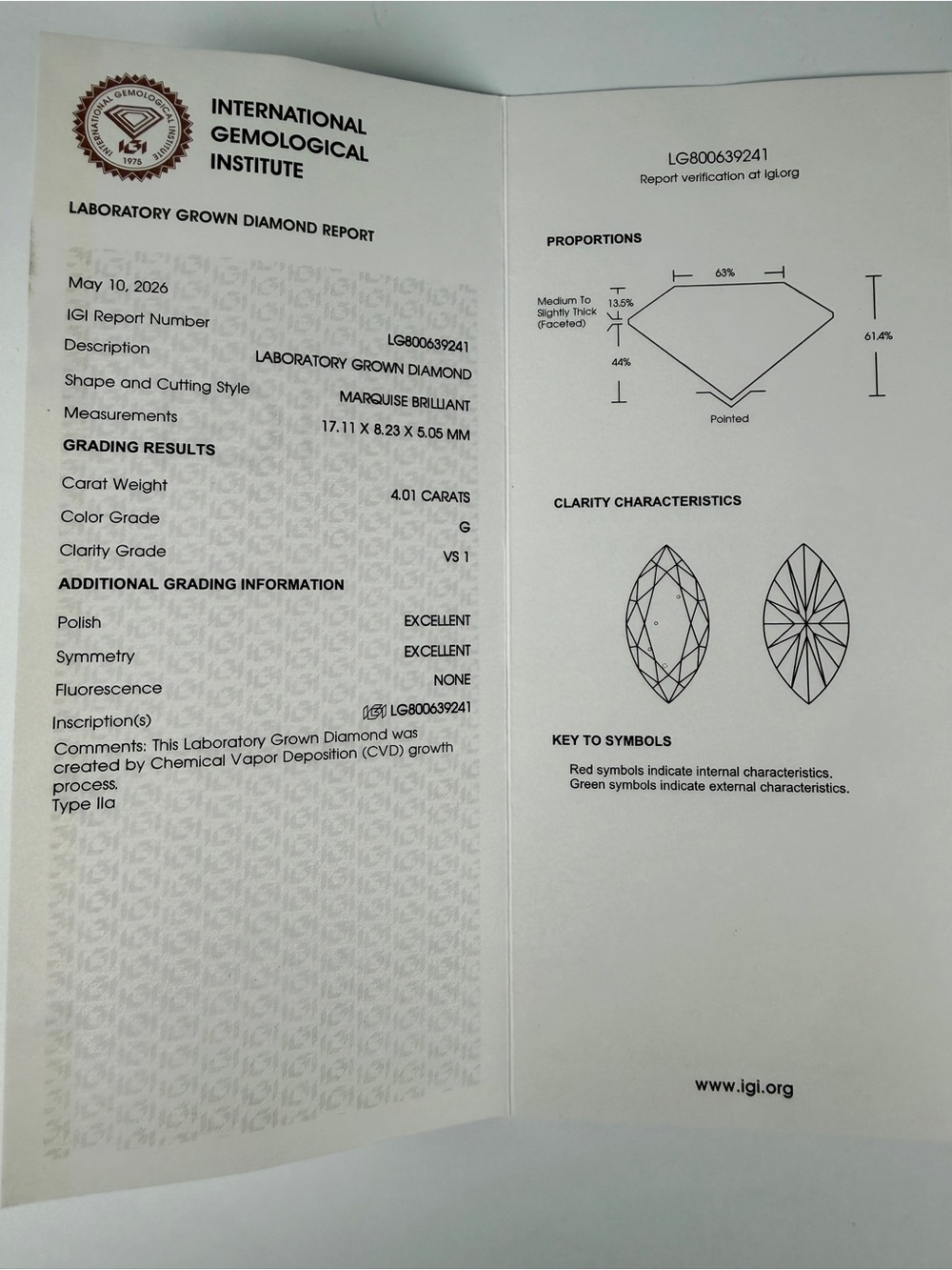 4.01 Ct IGI Certified Lab Grown Marquise Loose Diamond G VS1 CVD Excellent | New - Picture 4 of 5